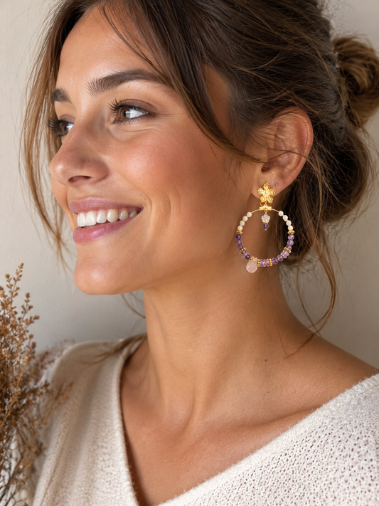 Boucles d’oreilles créoles en Améthyste & Quartz rose ✨ FLORÉA ✨