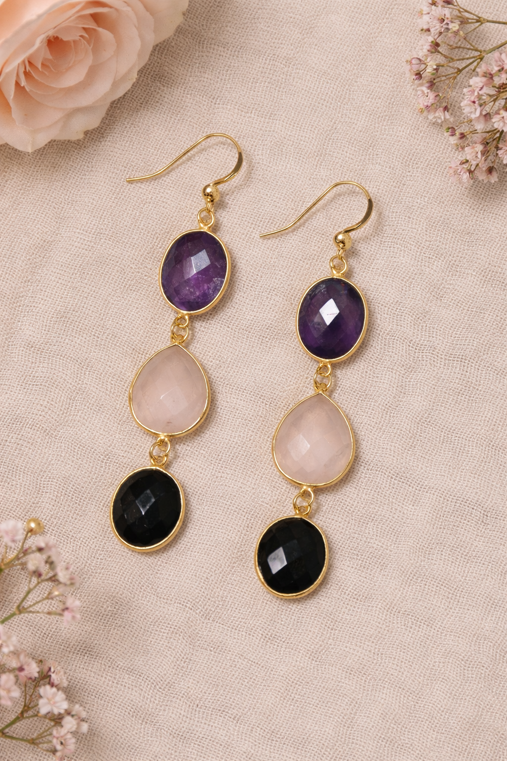 Boucles d’oreilles Harmonie – Améthyste, Quartz rose et Onyx noir | Gold Filled