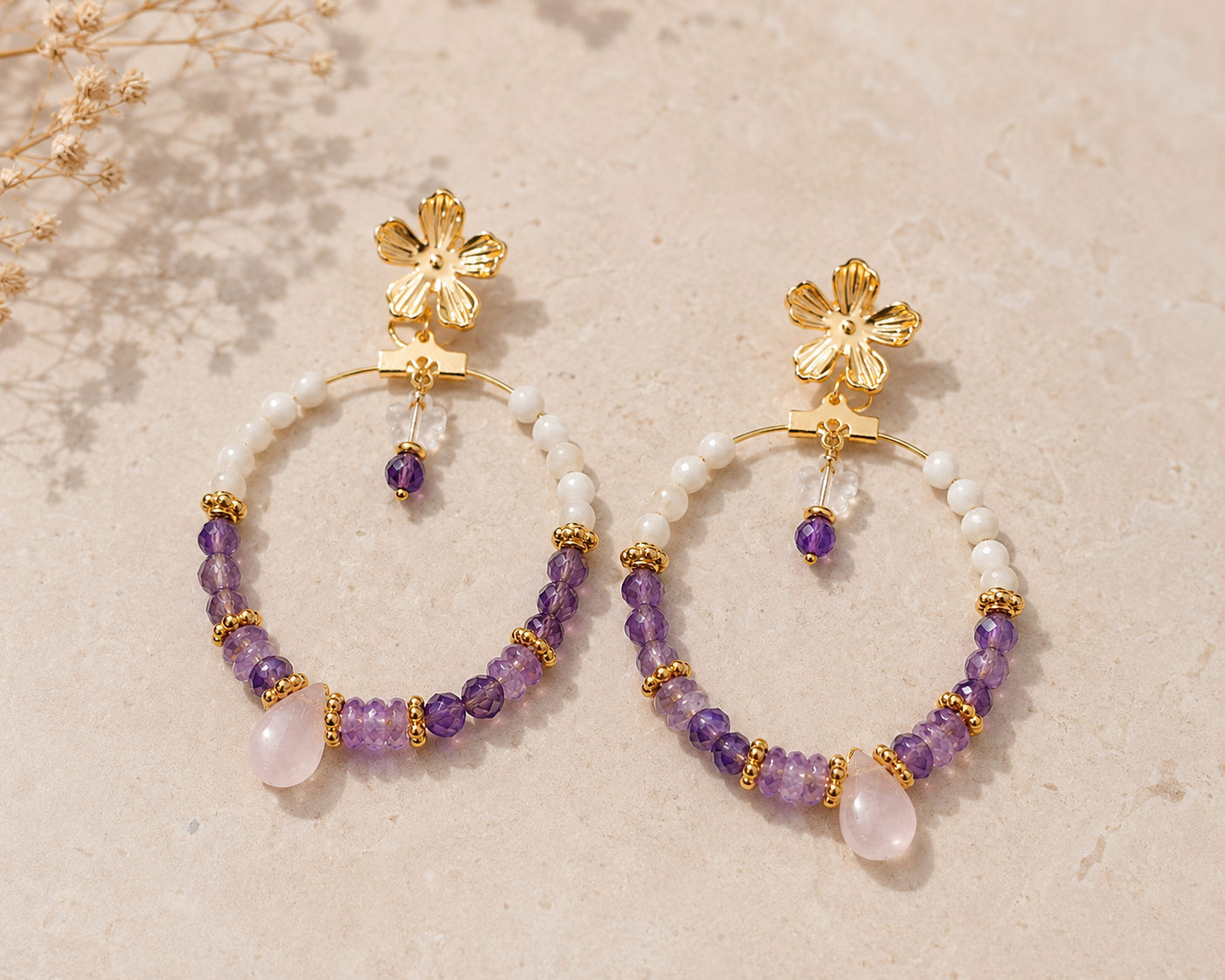 Boucles d’oreilles créoles en Améthyste & Quartz rose ✨ FLORÉA ✨